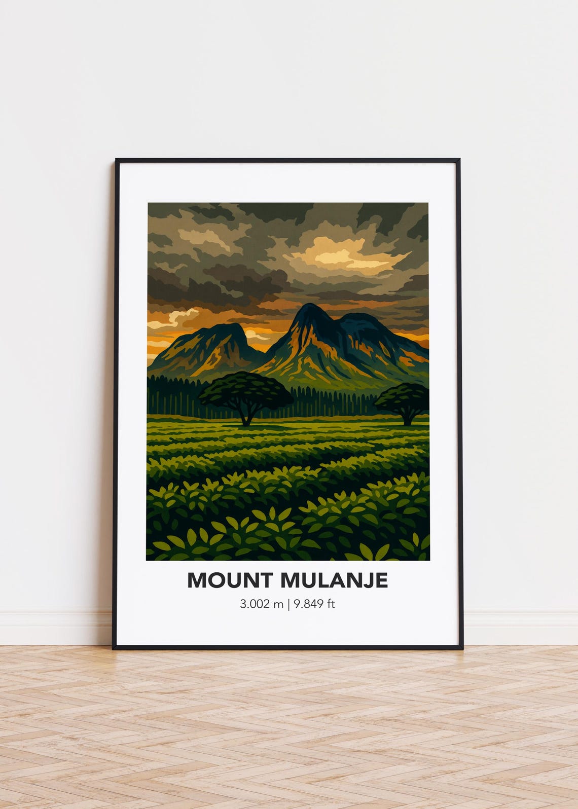 Mount Mulanje Twin Peaks Tea Fields Sunset Minimalist Elevation Poster