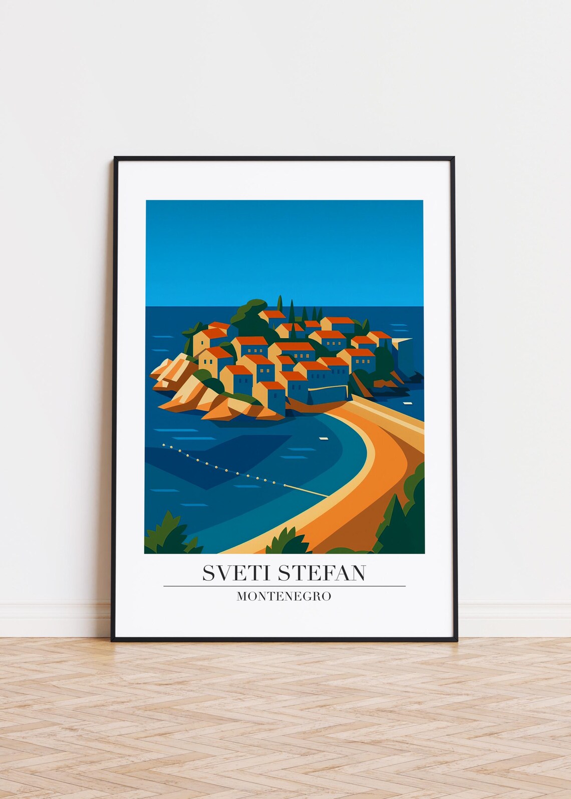 Sveti Stefan Montenegro Island Beach Crescent Retro Travel Poster