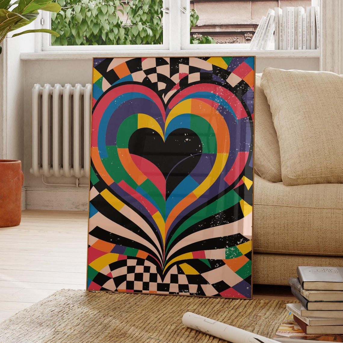 Psychedelic Rainbow Heart 90s Rave Checkerboard Pop Art Poster