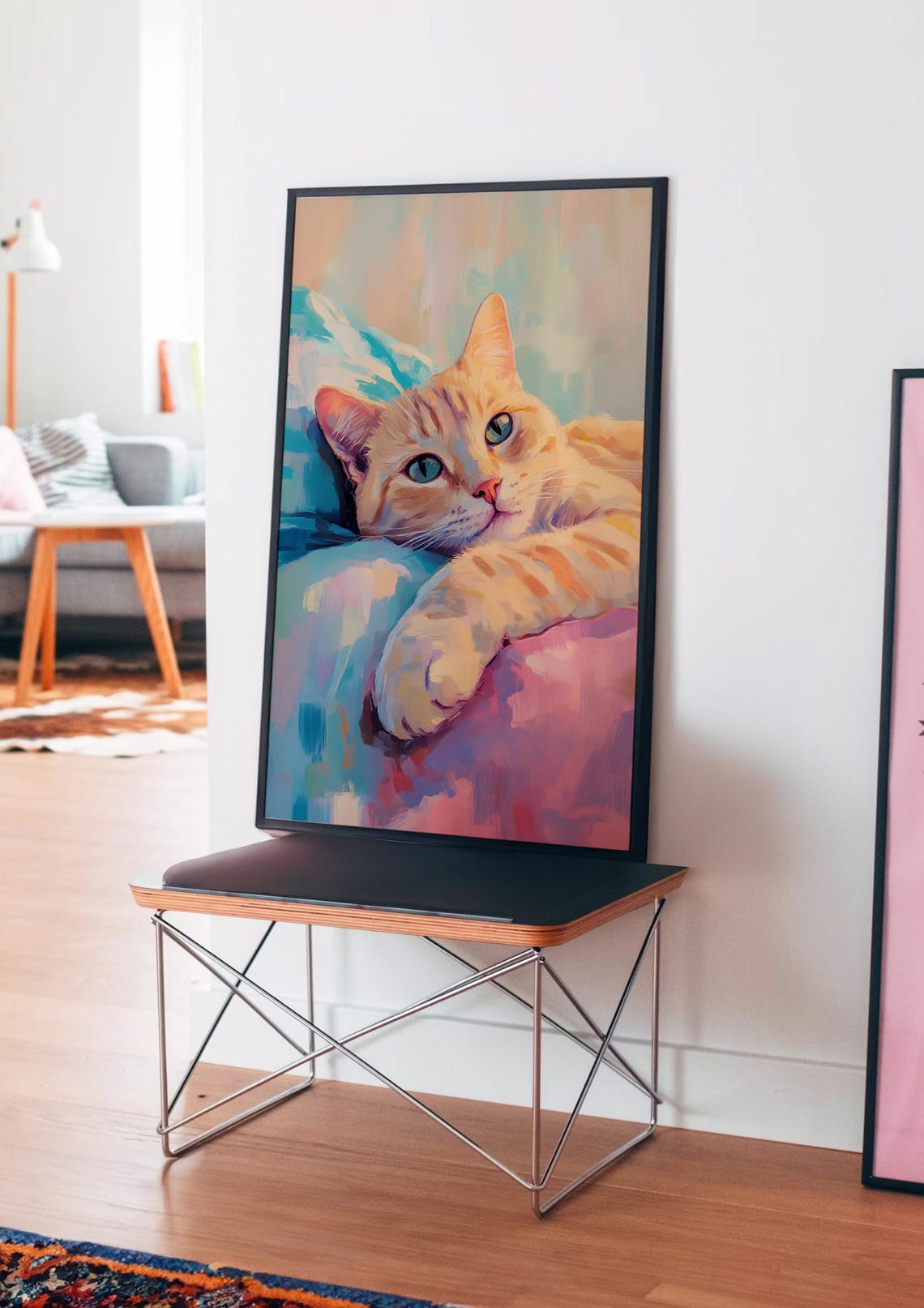 Ginger Cat Resting on Teal and Pink Cushions Painterly Poster - Image 4