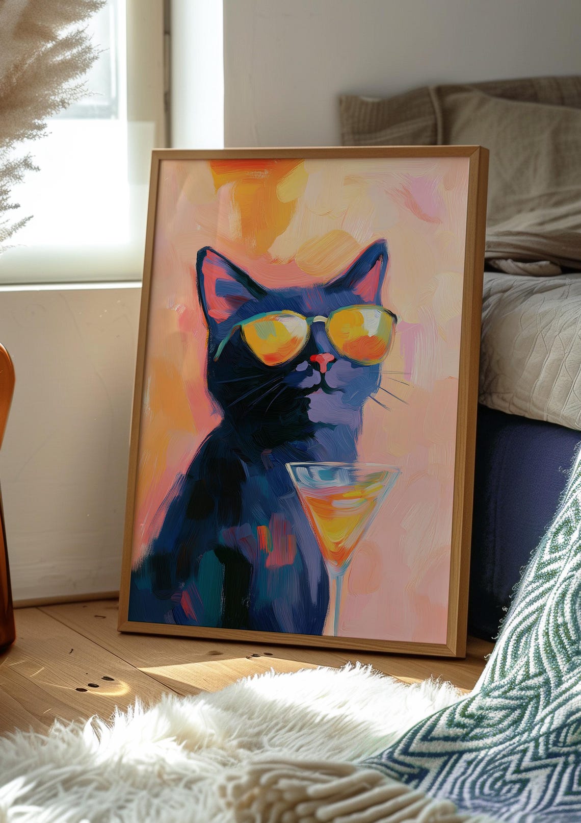 Cool Black Cat in Sunglasses Holding a Martini Cocktail Poster - Image 2