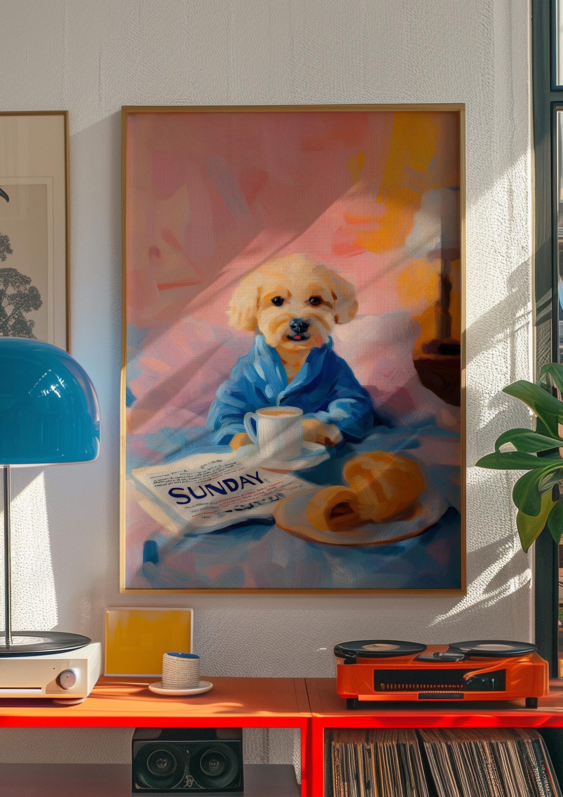 Small Dog in a Blue Robe with Sunday Newspaper and Coffee Poster - Image 3