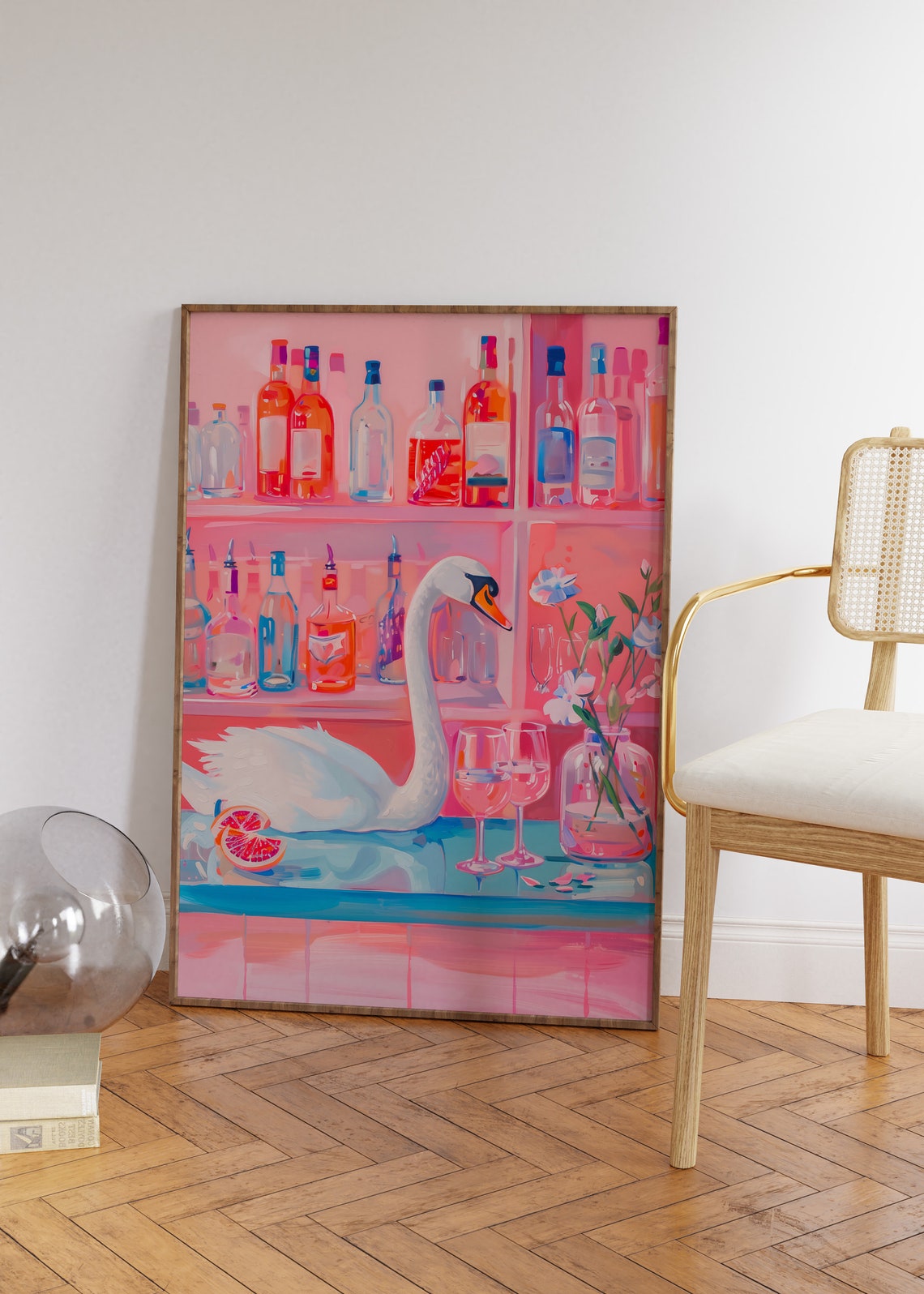 Dreamy Pink Bar Poster with White Swan and Colorful Cocktail Bottles - Image 4