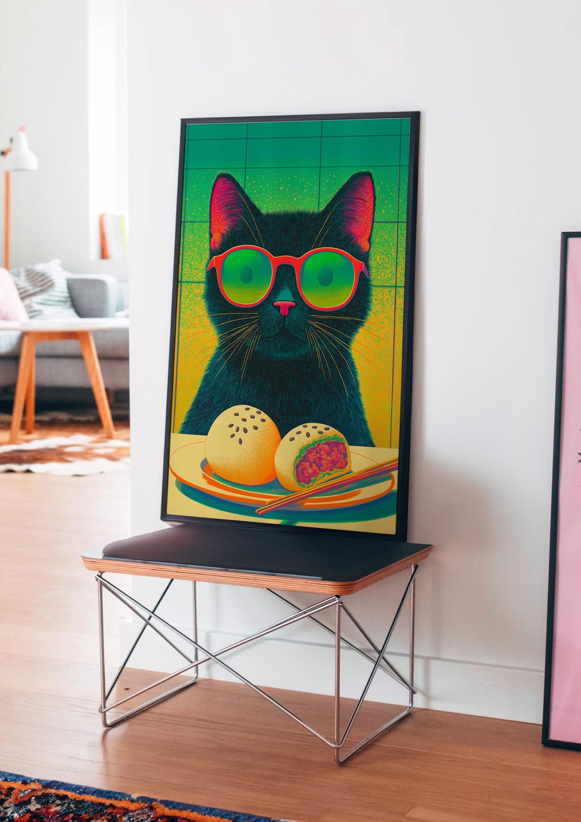 Cool Black Cat in Sunglasses with Bao Buns Neon Kitchen Art Poster - Image 4