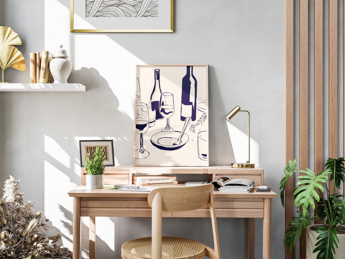 Minimalist Navy Line Art Poster of Wine Bottles and Glasses on Cream - Image 3