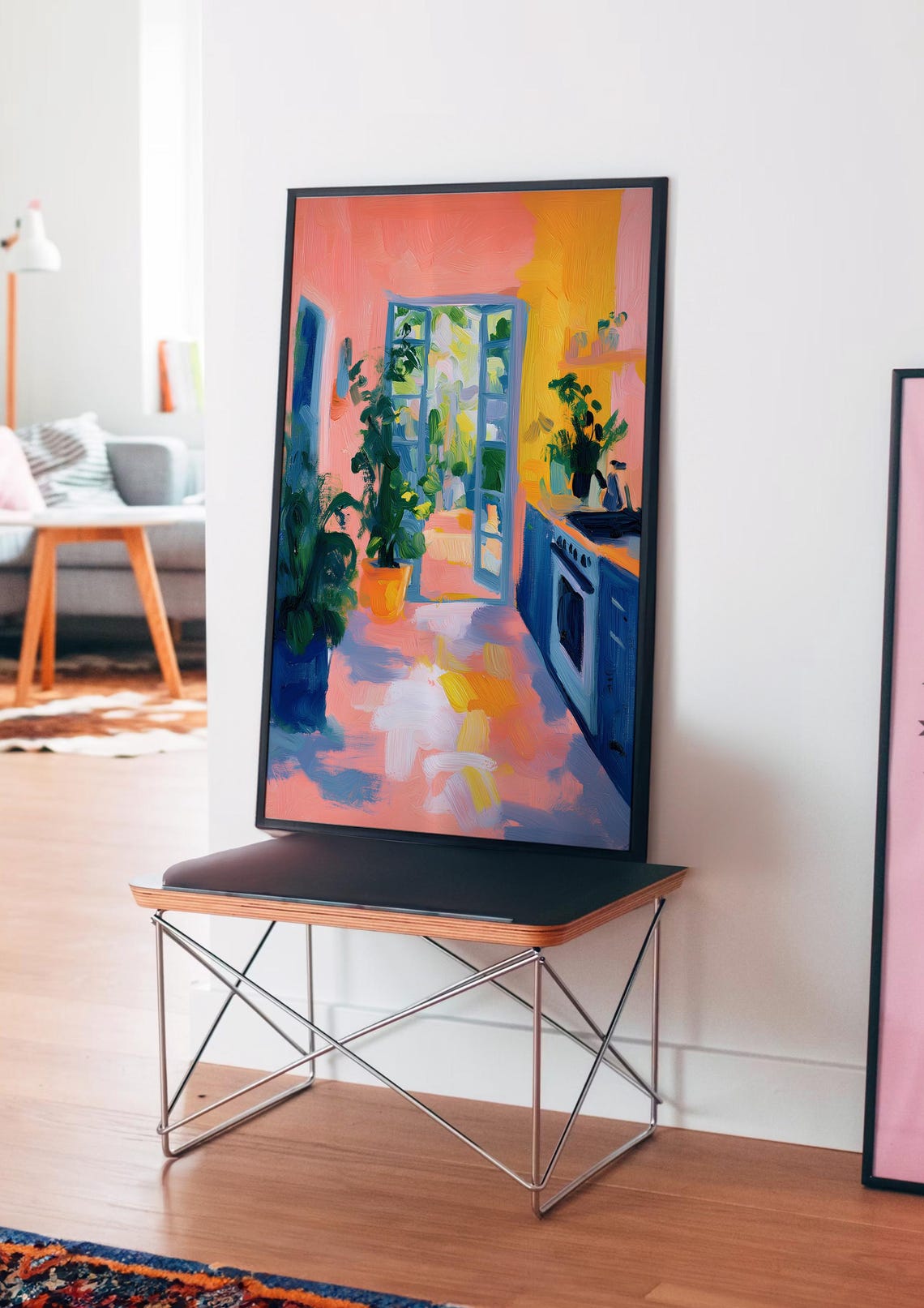 Sunny Pink Kitchen with French Doors and Garden Plants Poster - Image 4