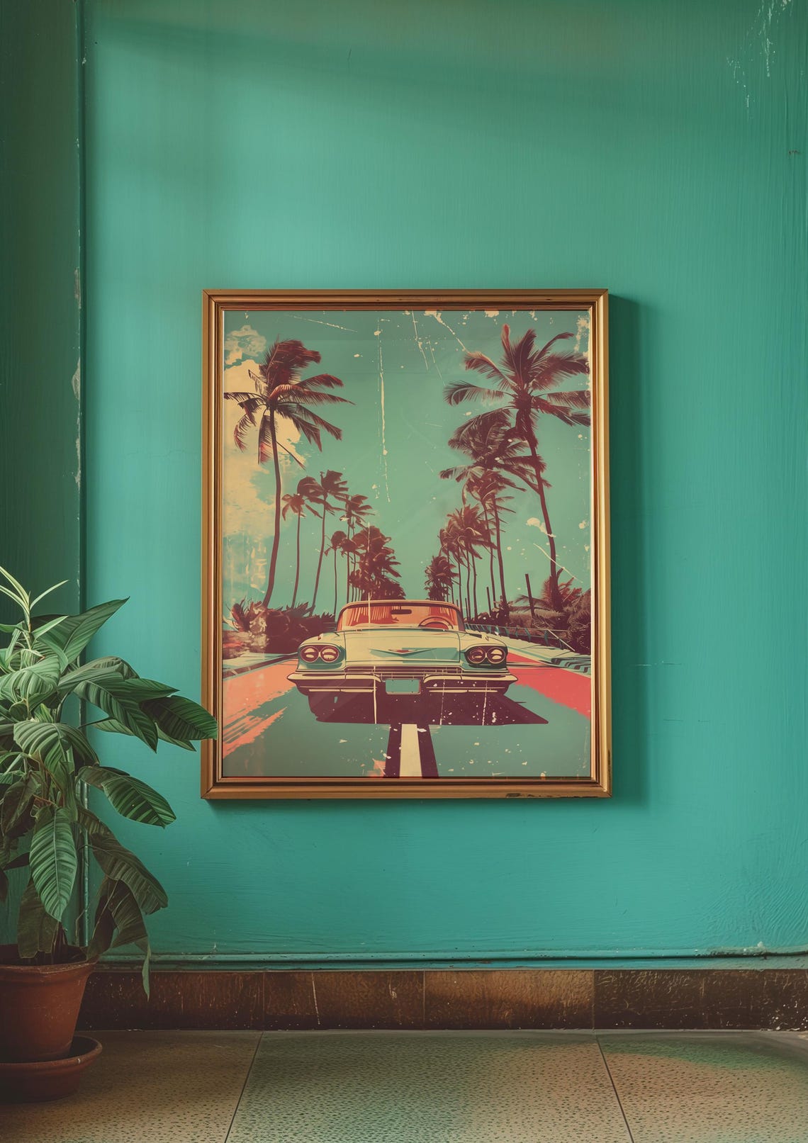 Classic Car Palm Tree Road Retro Vintage Road Trip Travel Poster - Image 2