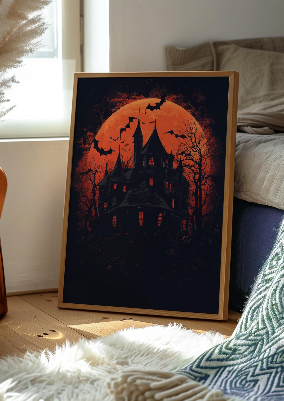 Haunted House Giant Orange Moon Bats Halloween Horror Night Poster - Image 2