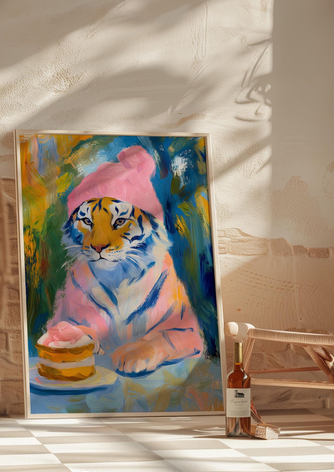 Tiger in a Pink Beanie with a Strawberry Cake Slice Art Poster - Image 3
