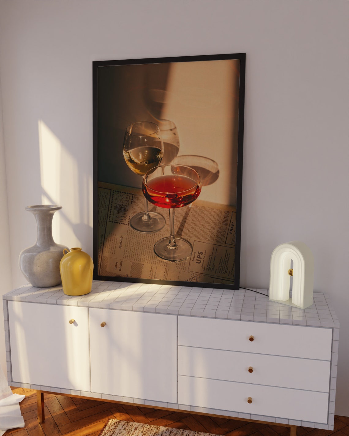 Golden Hour Wine Glasses Poster Layered Over Retro Newspaper Backdrop - Image 2