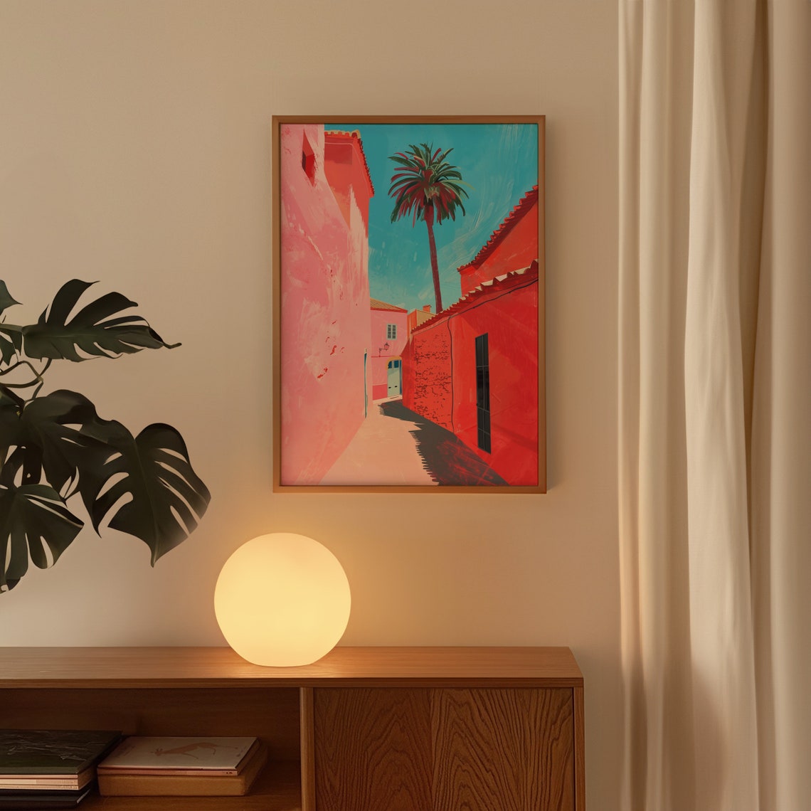 Pink Mediterranean Street Poster with Palm Trees and Blue Sky - Image 3