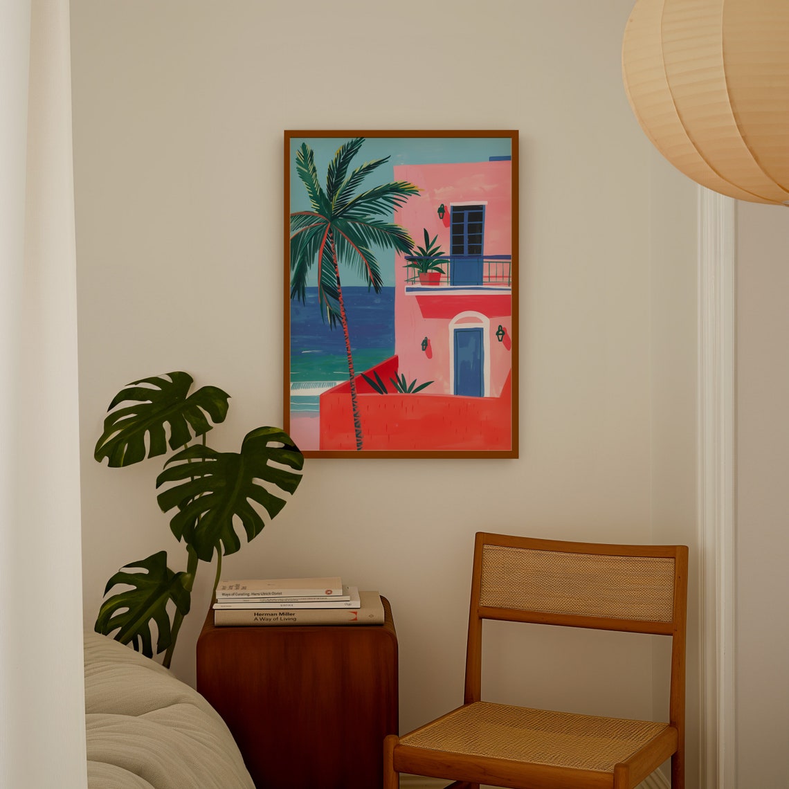 Pink Coastal Villa Poster with Palm Trees Over a Turquoise Sea View - Image 2