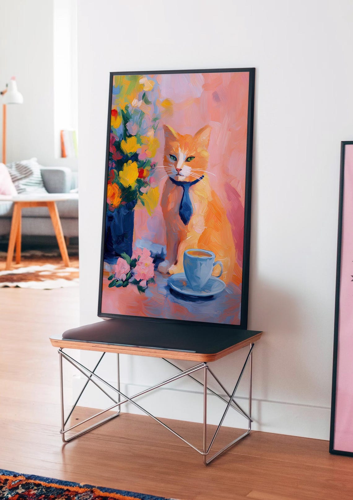 Ginger Cat in a Blue Tie with Flowers and a Coffee Cup Poster - Image 4
