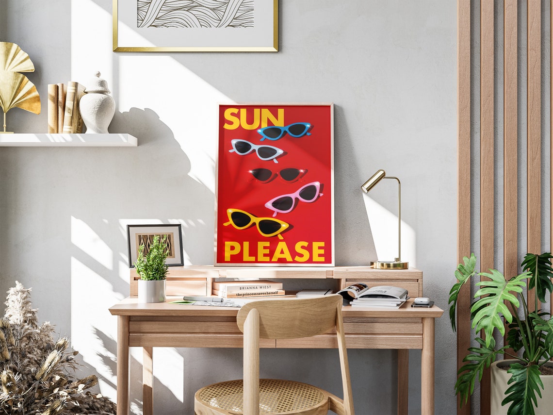 Vibrant Red SUN PLEASE Five Cat-Eye Sunglasses Summer Fun Poster - Image 4