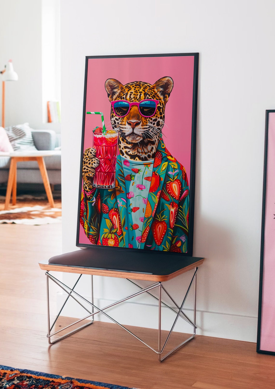 Leopard in Pink Sunglasses Sipping a Strawberry Cocktail Poster - Image 4