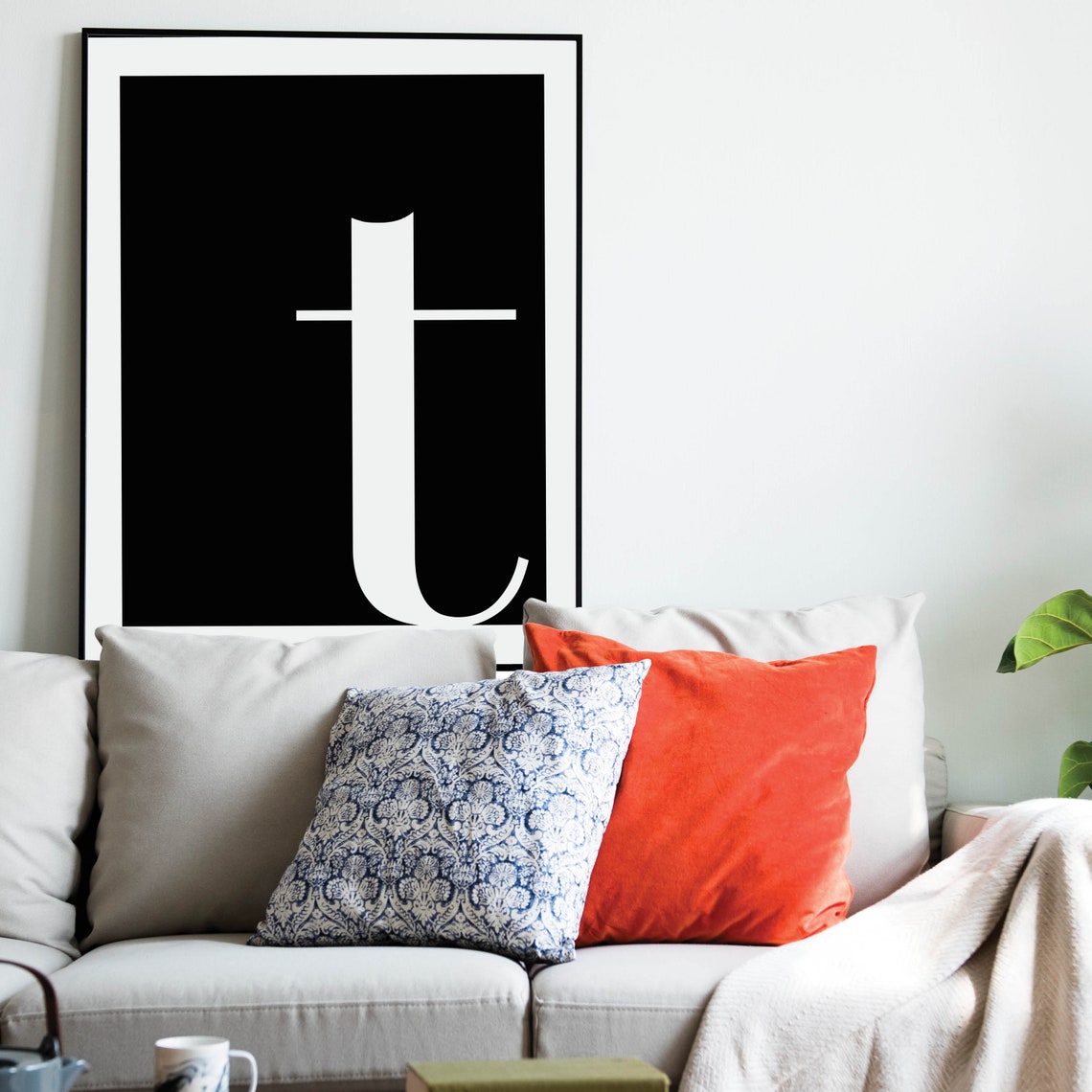 Lowercase Letter T Monogram Poster White on Black Modern Decor - Image 2