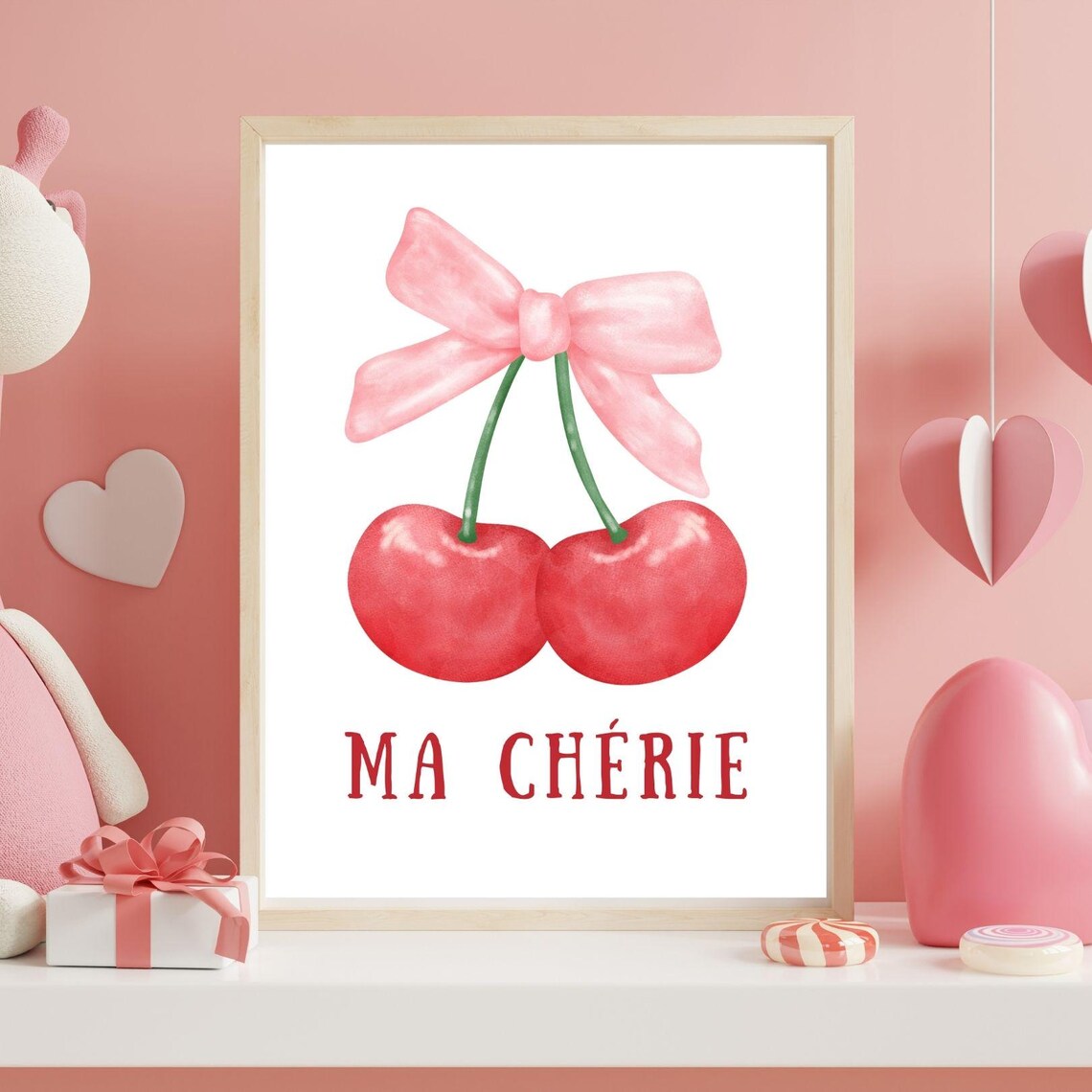 Ma Cherie Red Cherries Pink Bow Watercolor French Coquette Print - Image 4