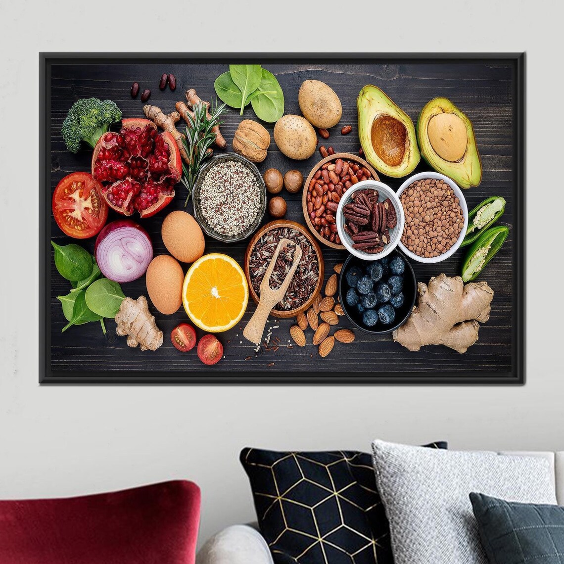 Healthy Food Flat Lay Kitchen Art Poster Fruits Vegetables Grains