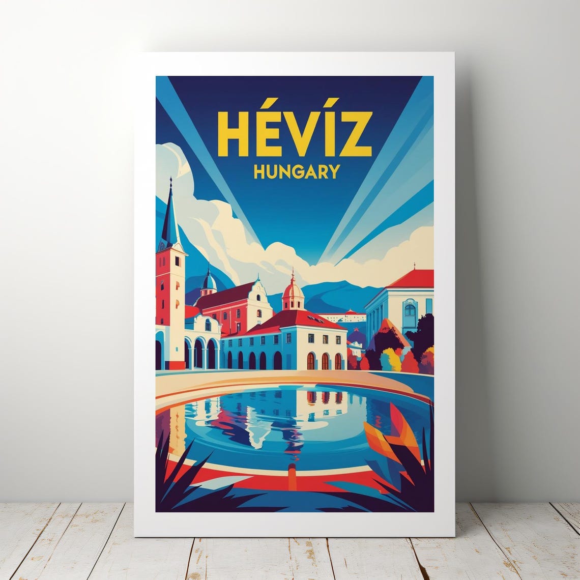 Heviz Hungary Retro Travel Poster Art Deco Thermal Lake Scene