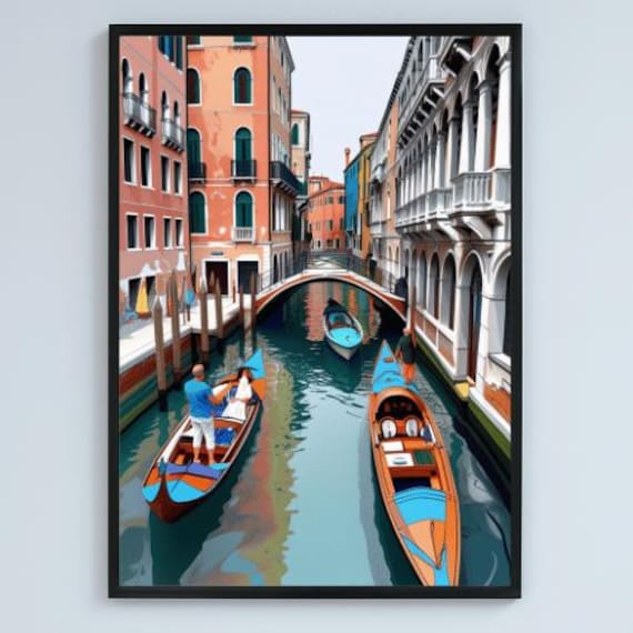 Venice Italy Canal Gondolas Colorful Illustration Travel Art Poster