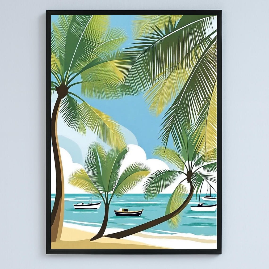Tropical Palm Beach Boats Turquoise Ocean Illustration Poster