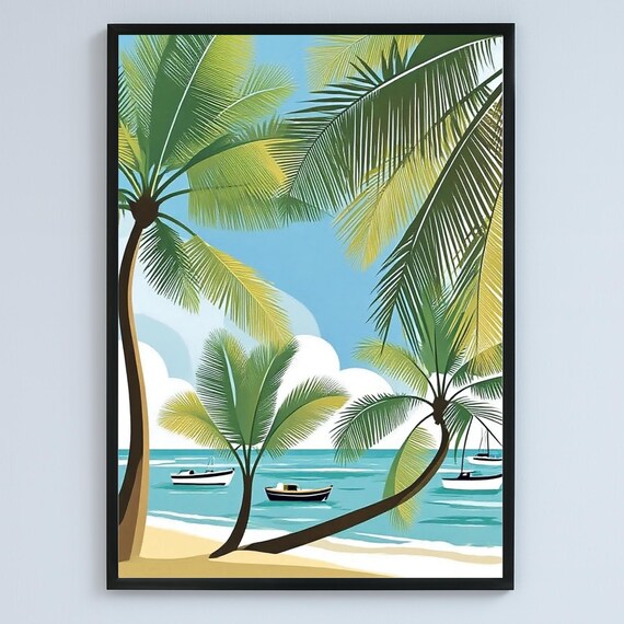 Tropical Palm Beach Boats Turquoise Ocean Illustration Poster