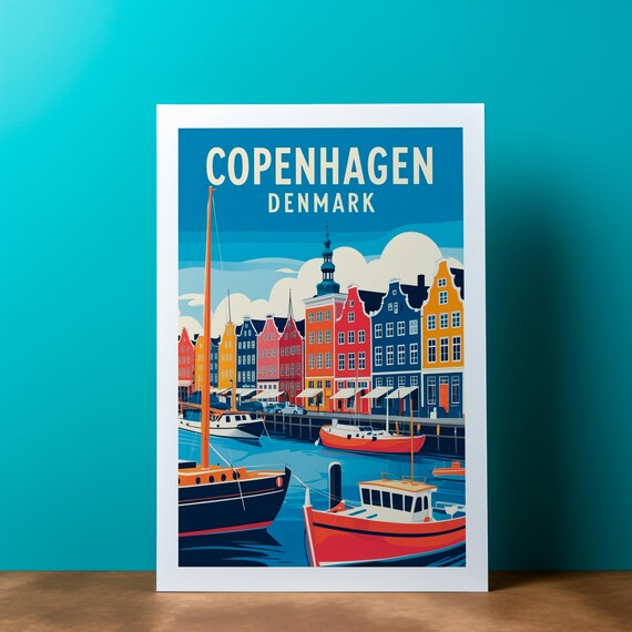 Copenhagen Denmark Vintage Travel Poster Nyhavn Harbor Colorful Houses