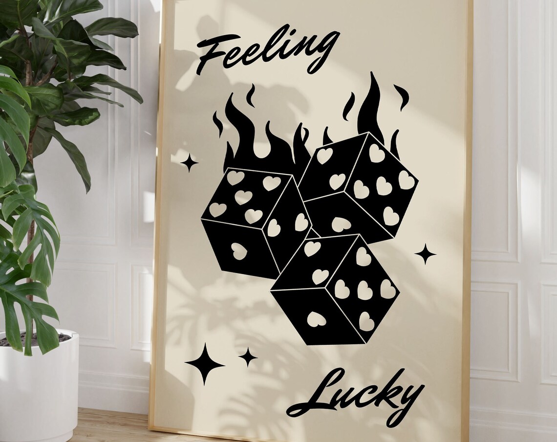 Feeling Lucky Black Flaming Heart Dice Bold Retro Casino Poster