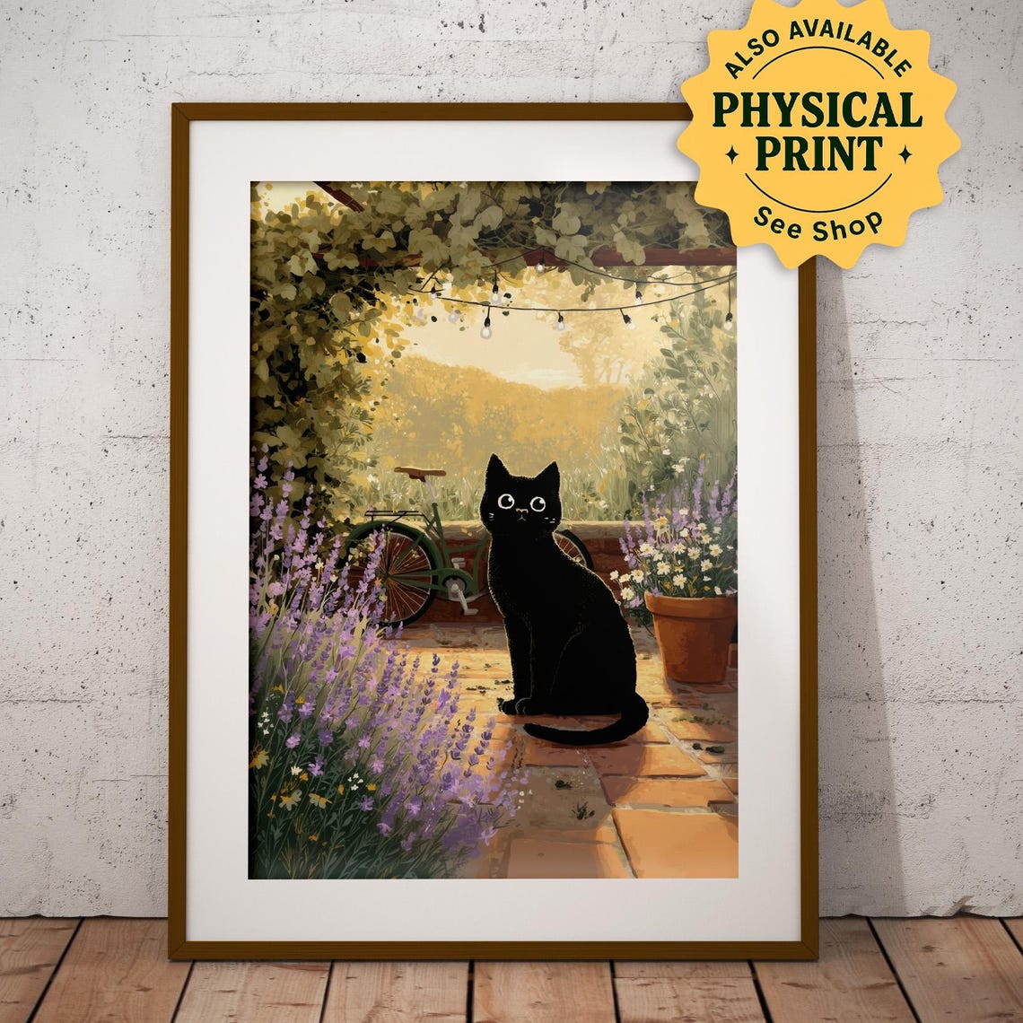 Black Cat In Lavender Garden Sunset Patio String Lights Art Poster