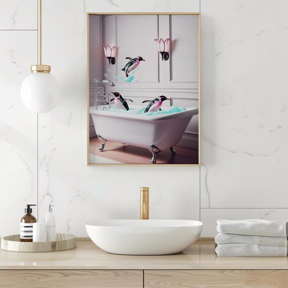 Funny Penguin Bath Print Playful Ai Art