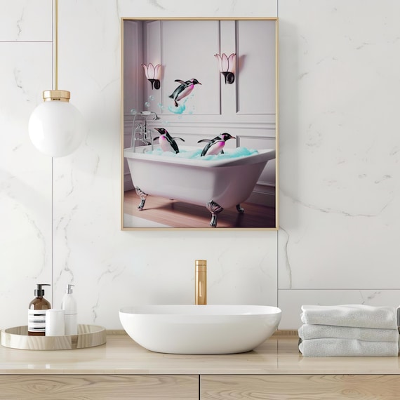 Playful Penguins Bathtub Fun Quirky Bathroom Animal Poster Art