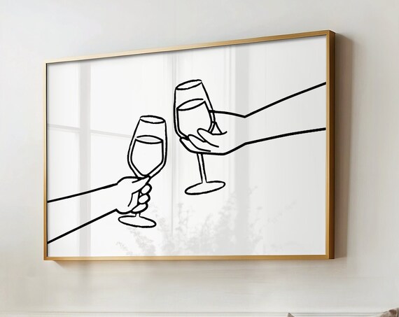 Wine Glasses Cheers Minimalist Line Art Toast Hands Black White Wall Art Print