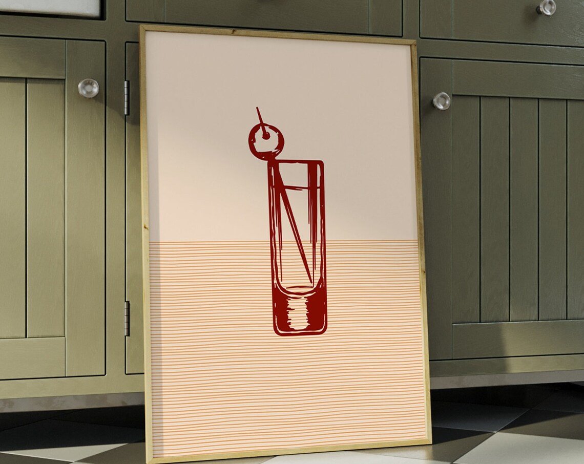 Boho Cherry Garnish Tall Cocktail Terracotta Line Art Wall Poster