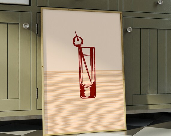 Boho Cherry Garnish Tall Cocktail Terracotta Line Art Wall Poster