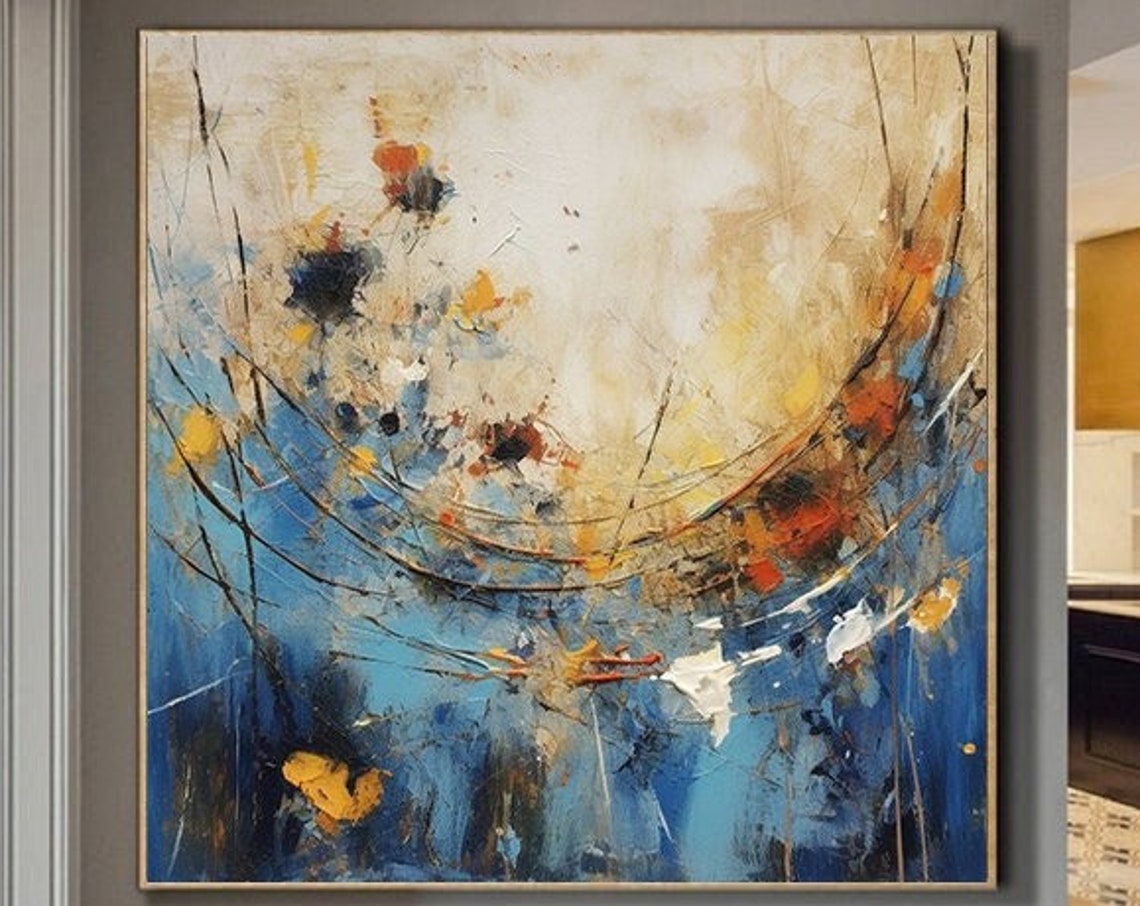 Deep Blue Swirling Abstract With Gold And Orange Accents Poster