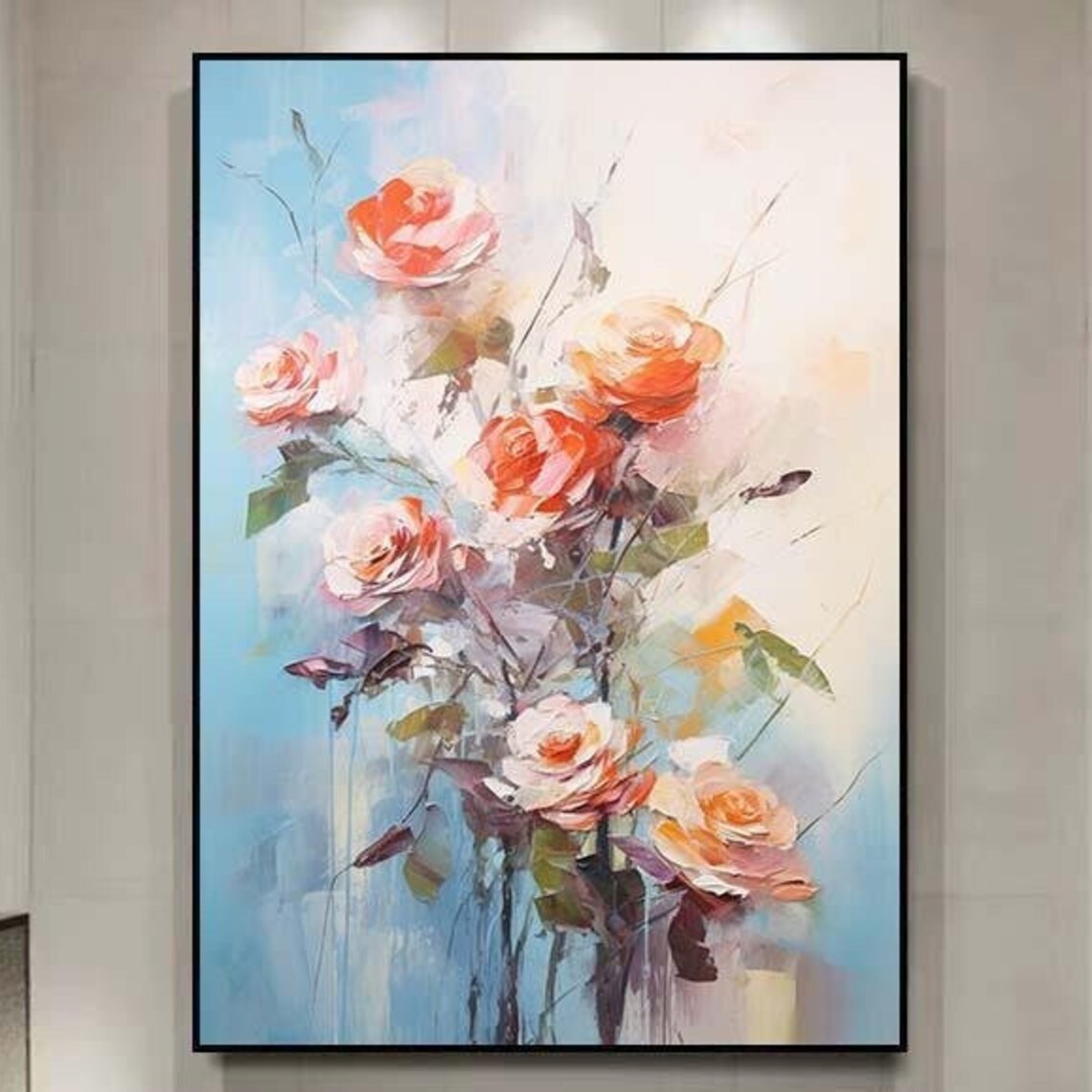 Coral Pink Roses Soft Blue Floral Impasto Painting Wall Poster