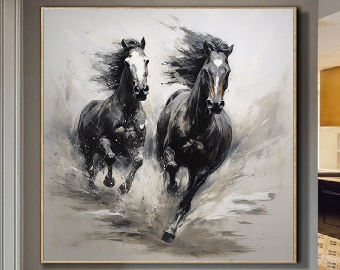 Black And White Textured Running Horses Oil Painting Horse Painting Original Animal Oil Art Wall Decor Living Room Office Wall Art