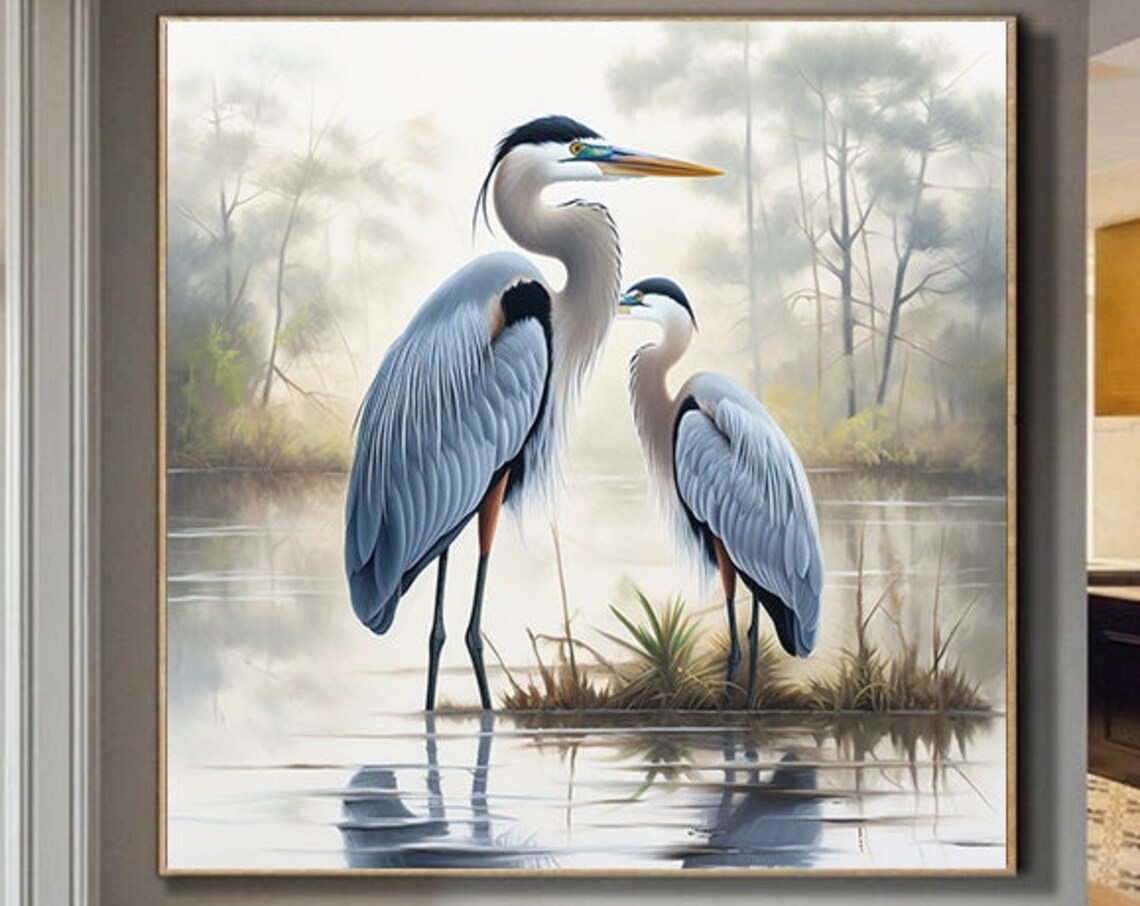 Great Blue Heron Oil Painting Art Print, Bird Decor