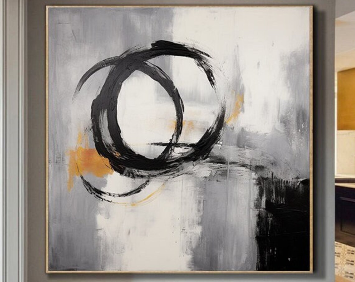 Black Enso Circle Gold Accent Grey Abstract Zen Brush Art Poster