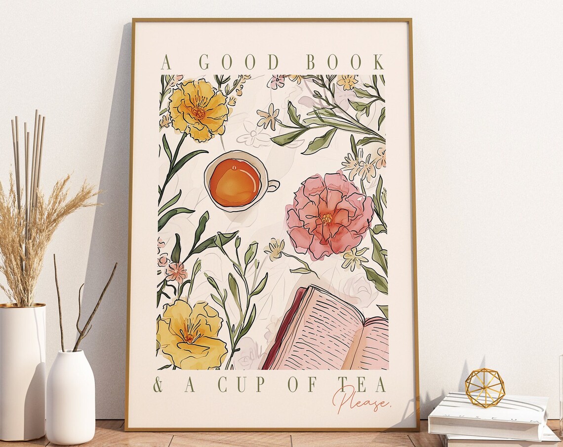 Book And Tea Lover Quote Print, Watercolor Flowers