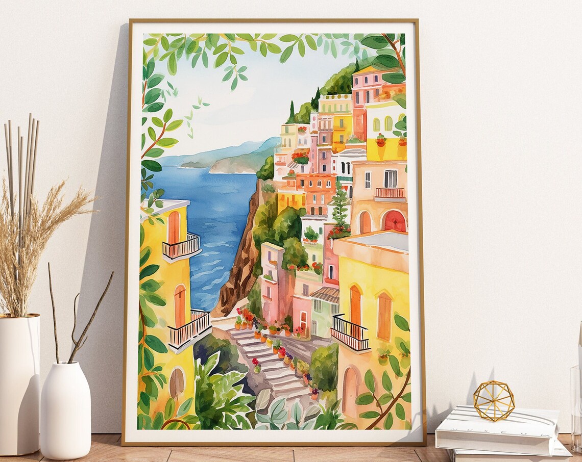 Sorrento Italy Watercolor Beach Art Print