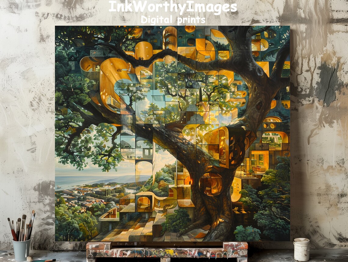 Enchanted Treehouse, Surreal Nature Landscape Art Print
