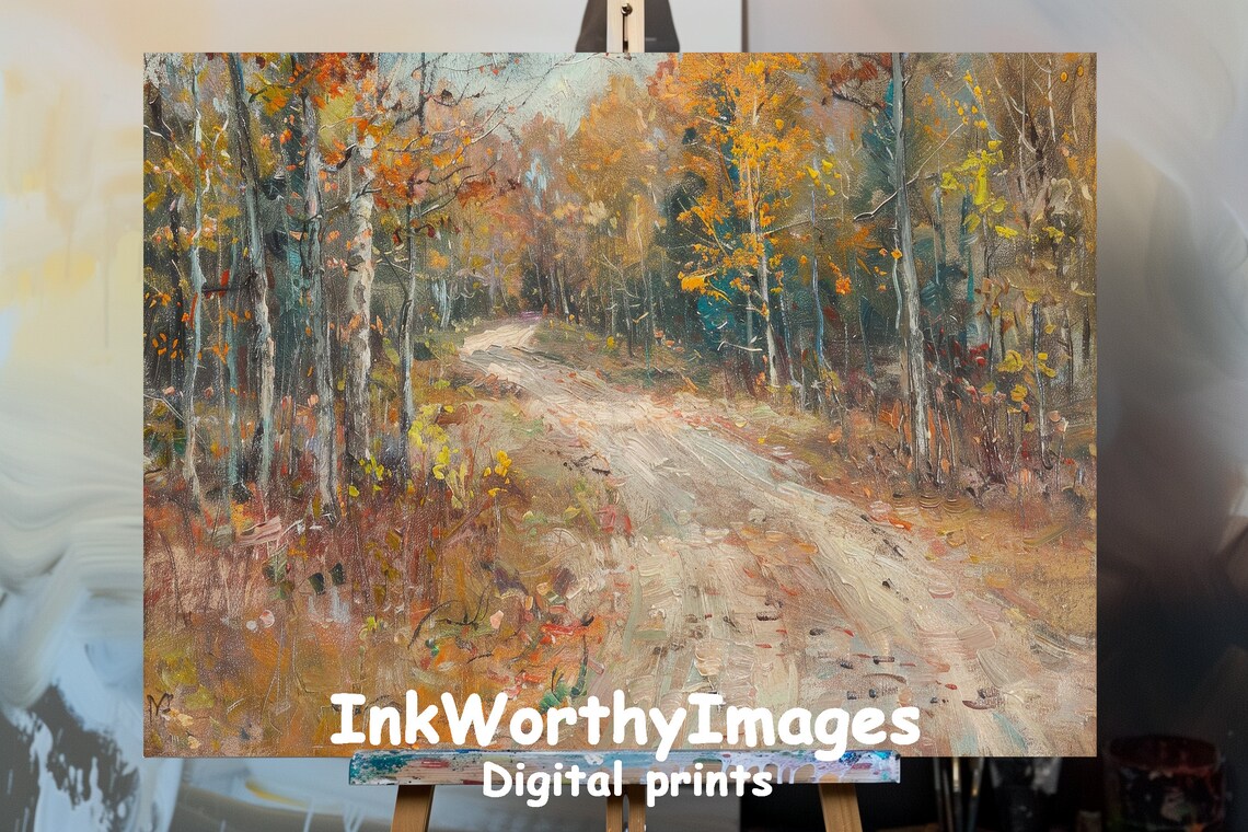 Rustic Autumn Path, Impressionist Forest Landscape