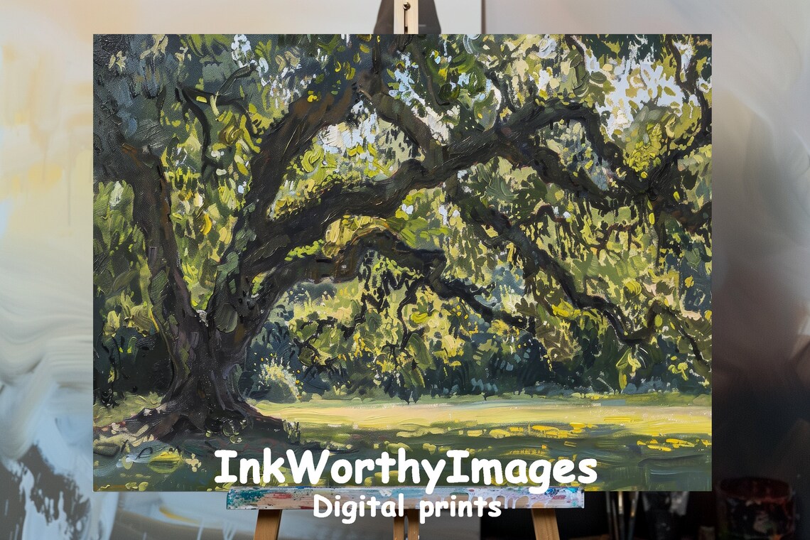 Majestic Oak Tree, Sunlit Forest Scene Art Print