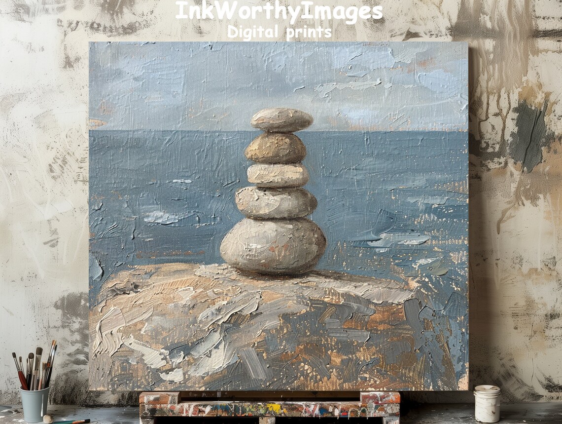 Zen Stone Balance Art Print, Tranquil Coastal Decor