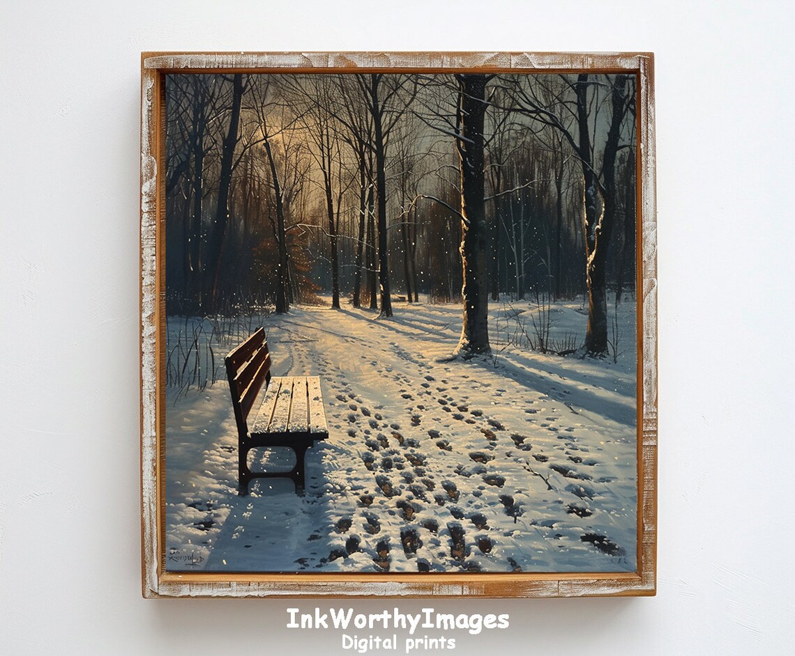 Winter Park Bench, Snowy Forest Path Art Print - Image 6