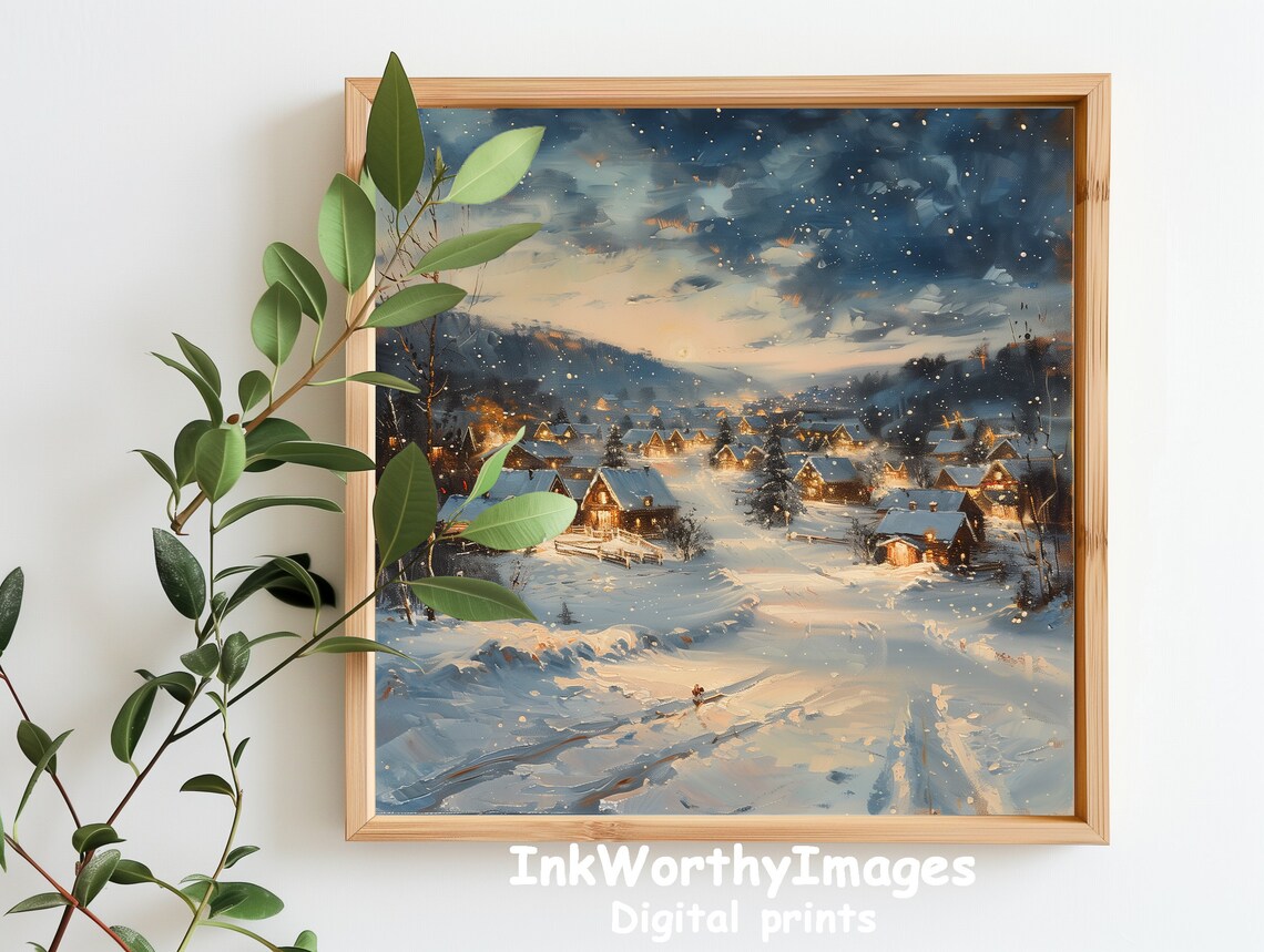Winter Village Scene, Snowy Night Landscape - Image 5
