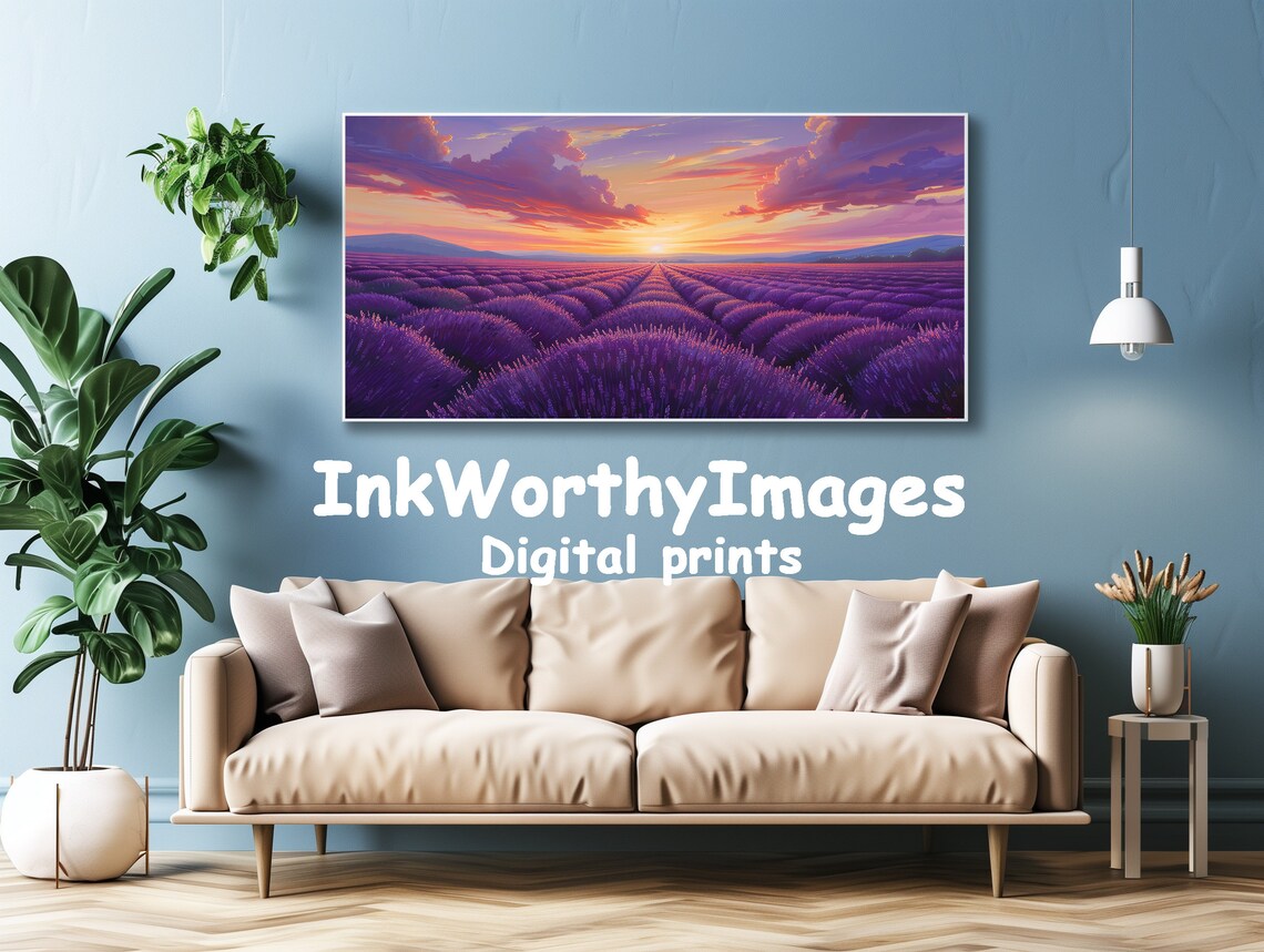 Lavender Fields At Sunset Landscape Painting - Image 4