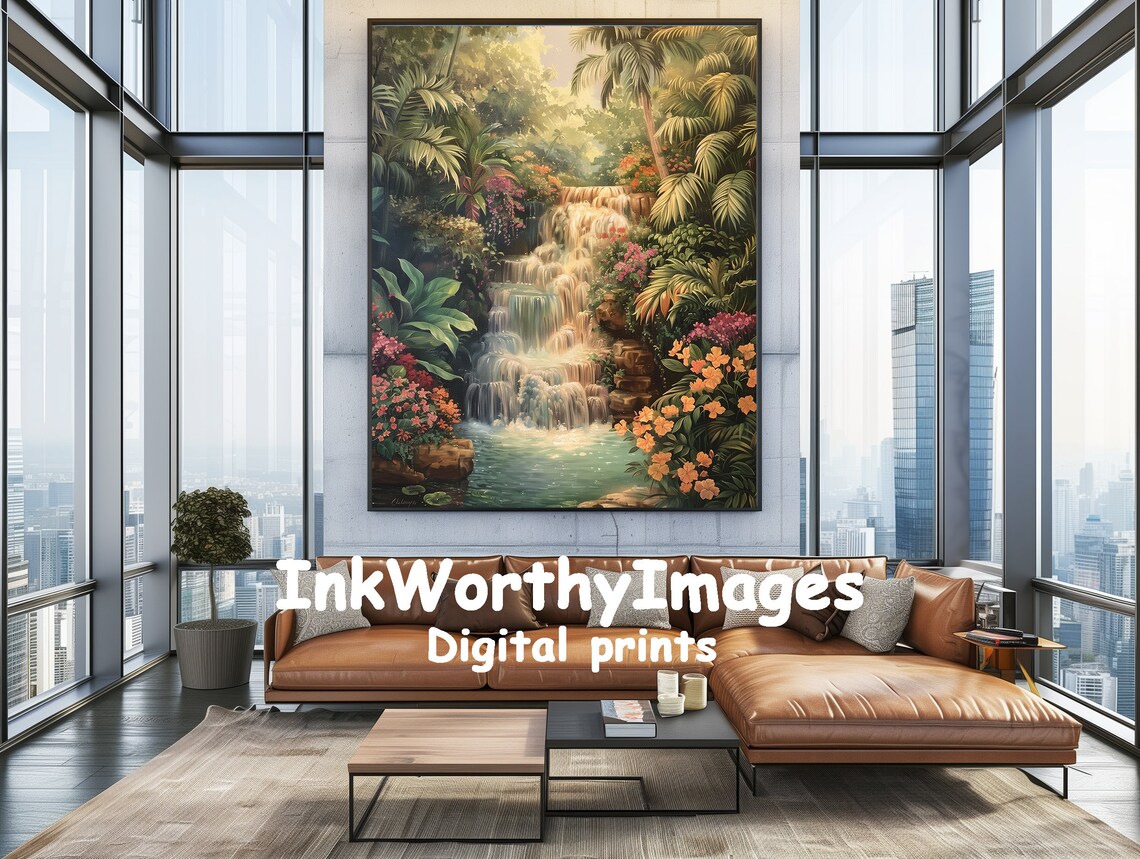 Tropical Waterfall Paradise Painting, Exotic Landscape - Image 2
