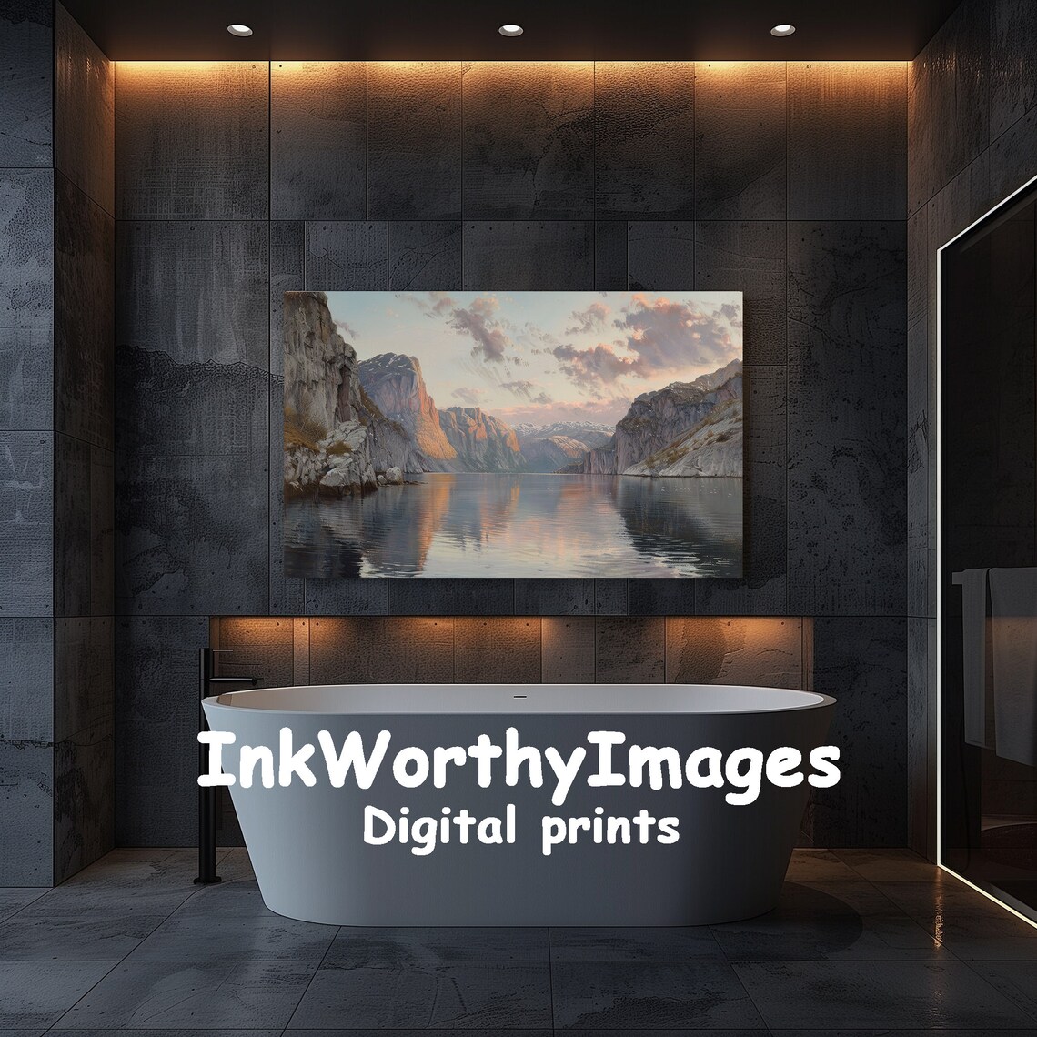 Sunset Fjord Landscape Painting, Realistic Mountain Lake - Image 5
